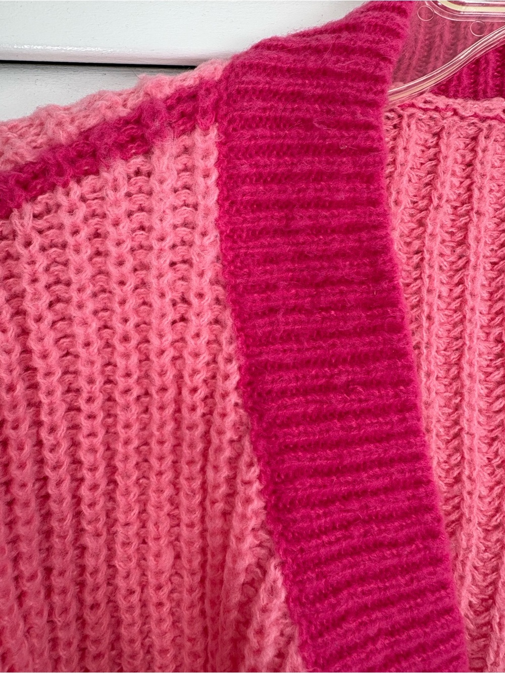 Pink Colorblock Chunky Knit Cropped Cardigan Sweater Size L Coquette Balletcore - Picture 10 of 11